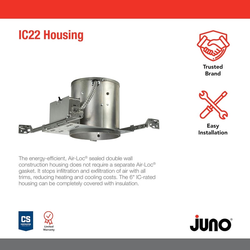 Juno 6 Inch Incandescent Ceiling Light Housing for New Construction, IC Rated Recessed Light, Adjustable Socket Plate, Damp Location UL Listed Can Lighting, Includes Push-in Electrical Connectors - Image 2