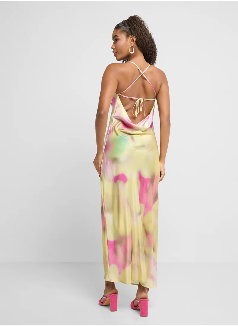 Ginger Satin Backless Slip Dress With Blurred Floral Print