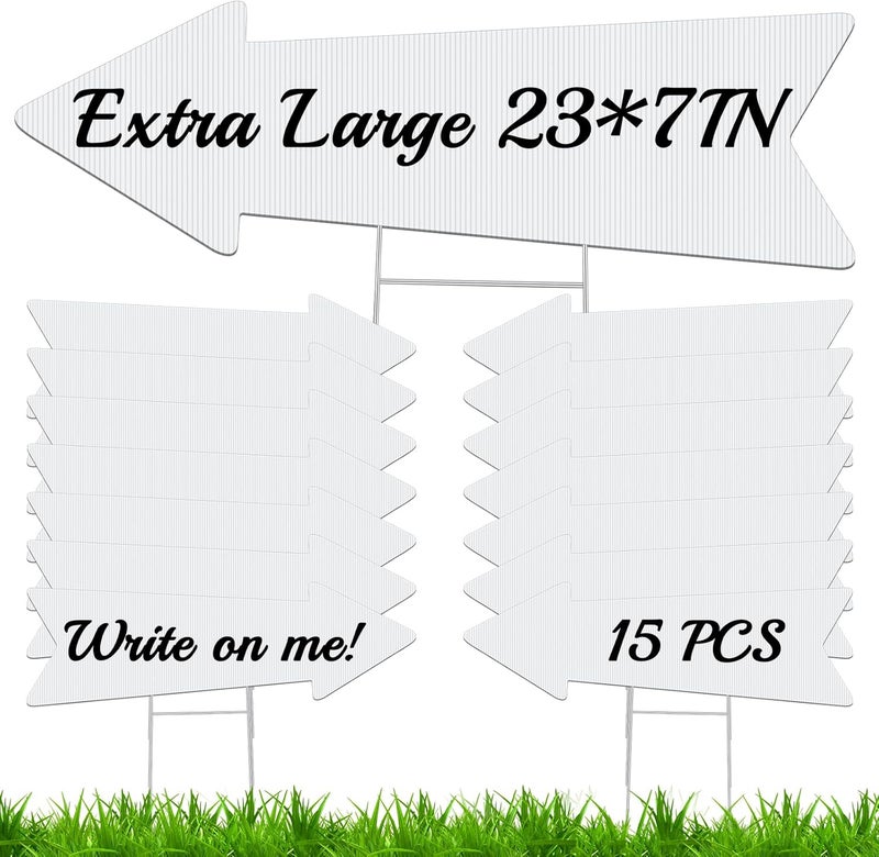 Queekay 15 Pack White Blank Arrow Signs with Stakes 23 x 7 Inches Yard Sales Signs Wedding Directional Signs This Way Yard Sale for Signs Ceremony and Reception Wedding Birthday Party Decorations - Image 1