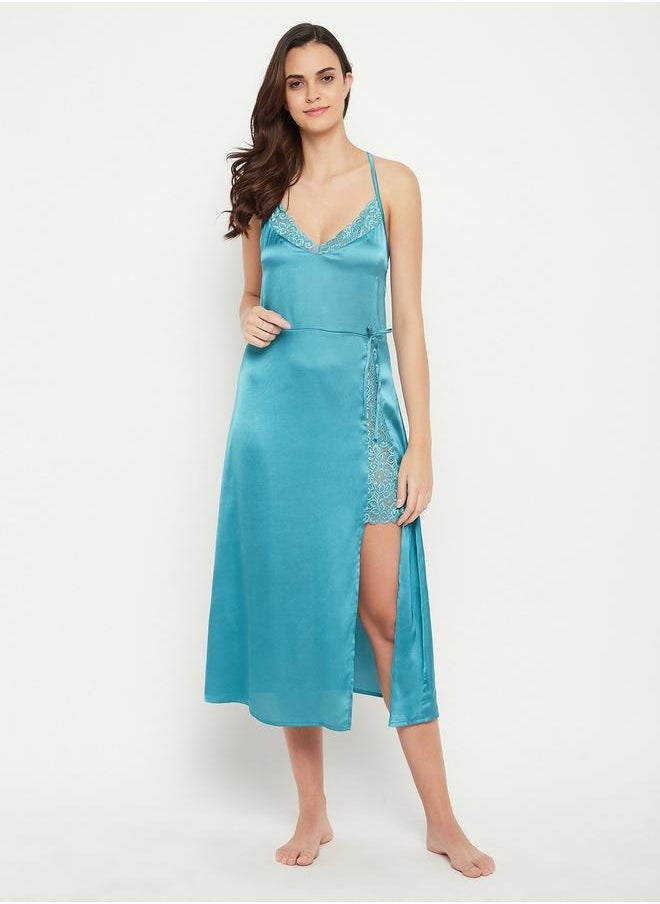 Clovia Satin Lace Insert Strappy Slip Dress with Front Slit by Styli  - Image 2