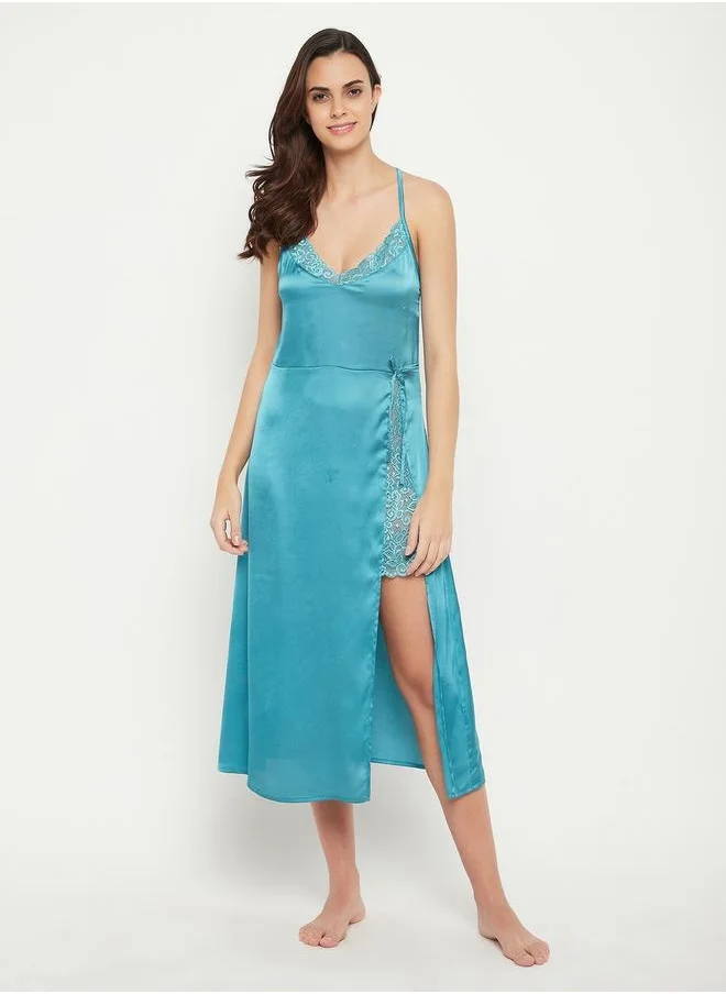 Clovia Satin Lace Insert Strappy Slip Dress with Front Slit