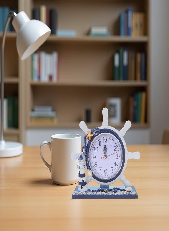 VICASKY Nautical Wall Clock Beach Coastal Small Table Bathroom for Shelf Ship Wheel Travel Cruise Clocks Mediterranean Style Silent Desk Lighthouse Helm Wooden Rudder Theme Decor Ornament Ocean - Image 2