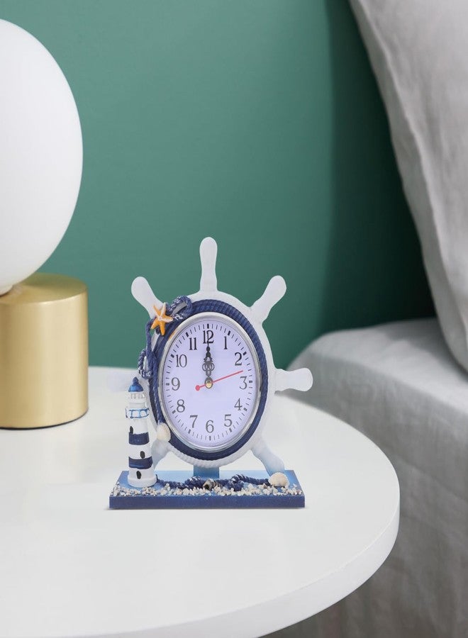 VICASKY Nautical Wall Clock Beach Coastal Small Table Bathroom for Shelf Ship Wheel Travel Cruise Clocks Mediterranean Style Silent Desk Lighthouse Helm Wooden Rudder Theme Decor Ornament Ocean - Image 3
