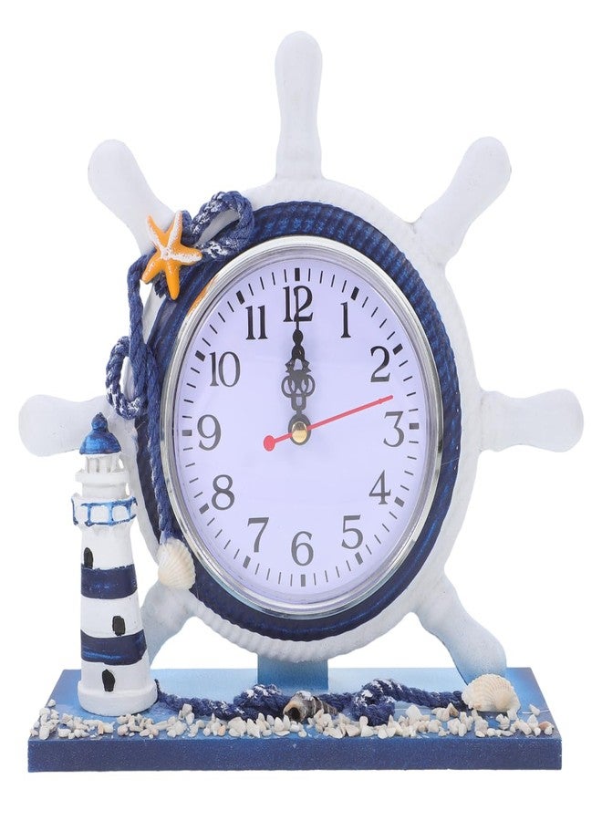 VICASKY Nautical Wall Clock Beach Coastal Small Table Bathroom for Shelf Ship Wheel Travel Cruise Clocks Mediterranean Style Silent Desk Lighthouse Helm Wooden Rudder Theme Decor Ornament Ocean - Image 1
