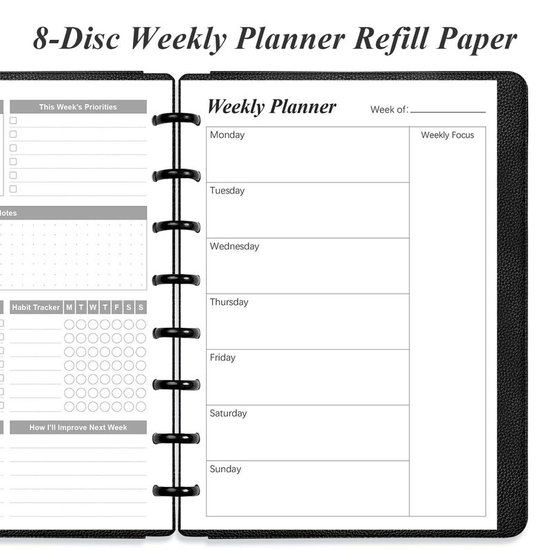 Yaridar Weekly Planner Undated Refills - Junior Size 53 Sheets/106 Pages Weekly Planner for 8-Disc Discbound, 100 gsm White Paper, Lasts 1 Year, Undated, 5.8" x 8.3", Black - Image 3