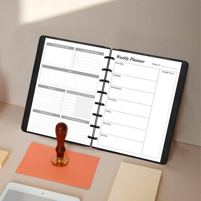 Yaridar Weekly Planner Undated Refills - Junior Size 53 Sheets/106 Pages Weekly Planner for 8-Disc Discbound, 100 gsm White Paper, Lasts 1 Year, Undated, 5.8" x 8.3", Black - Image 5