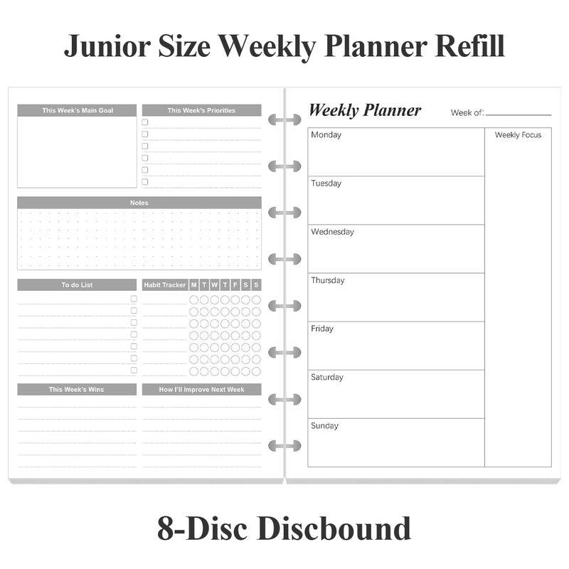 Yaridar Weekly Planner Undated Refills - Junior Size 53 Sheets/106 Pages Weekly Planner for 8-Disc Discbound, 100 gsm White Paper, Lasts 1 Year, Undated, 5.8" x 8.3", Black - Image 2