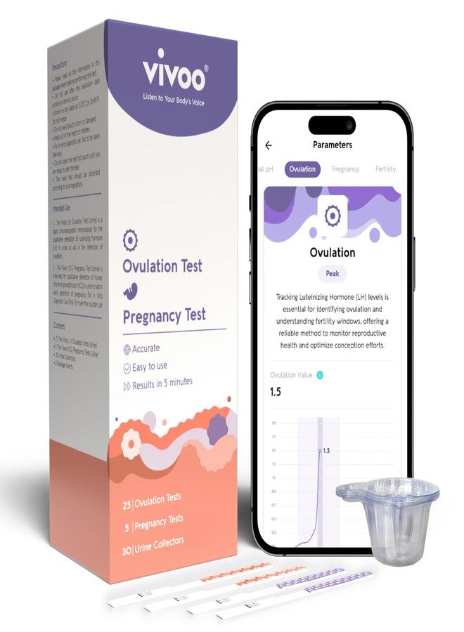 Vivoo Ovulation Test & Predictor Kit: Track Your Cycle and Test Results with Vivoo App, Includes 25 Individually Wrapped Ovulation (LH) Tests, 5 Pregnancy (HCG) Tests with 30 Cups - Image 1