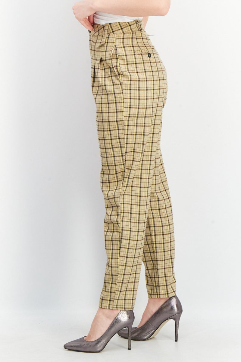 Reclaimed Vintage Women Regular Fit Checkered Trouser Pants, Beige Combo - Image 2