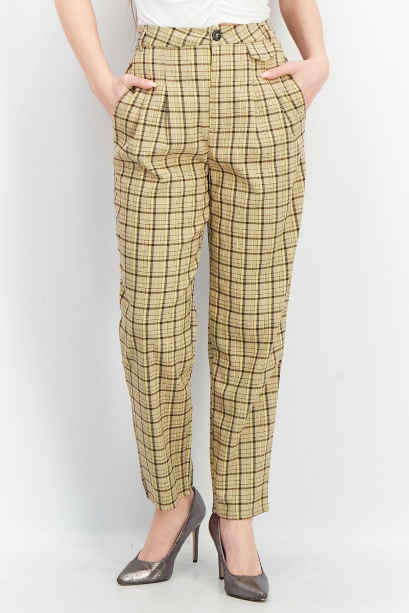 Reclaimed Vintage Women Regular Fit Checkered Trouser Pants, Beige Combo - Image 1