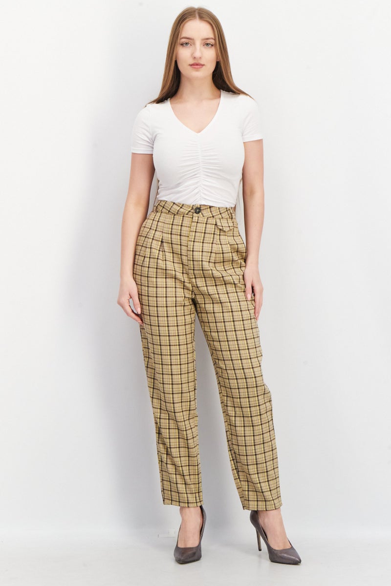 Reclaimed Vintage Women Regular Fit Checkered Trouser Pants, Beige Combo - Image 3