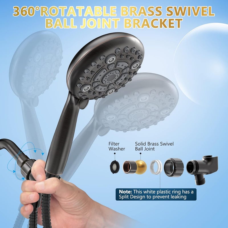 DAKINGS 6 Spray Modes High Pressure Handheld Showerhead Set Upgraded 5 Inches Shower Head with Handheld Spray Oil Rubbed Bronze Handheld Shower Head 60 Inches Stainless Steel Hose-1-Min Install - Image 5
