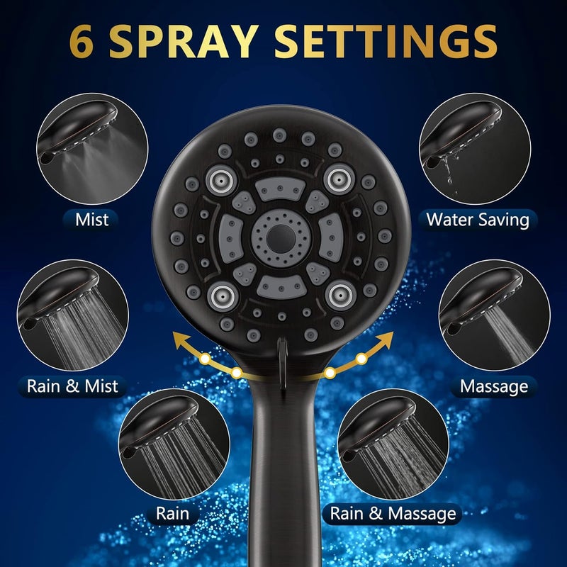 DAKINGS 6 Spray Modes High Pressure Handheld Showerhead Set Upgraded 5 Inches Shower Head with Handheld Spray Oil Rubbed Bronze Handheld Shower Head 60 Inches Stainless Steel Hose-1-Min Install - Image 2
