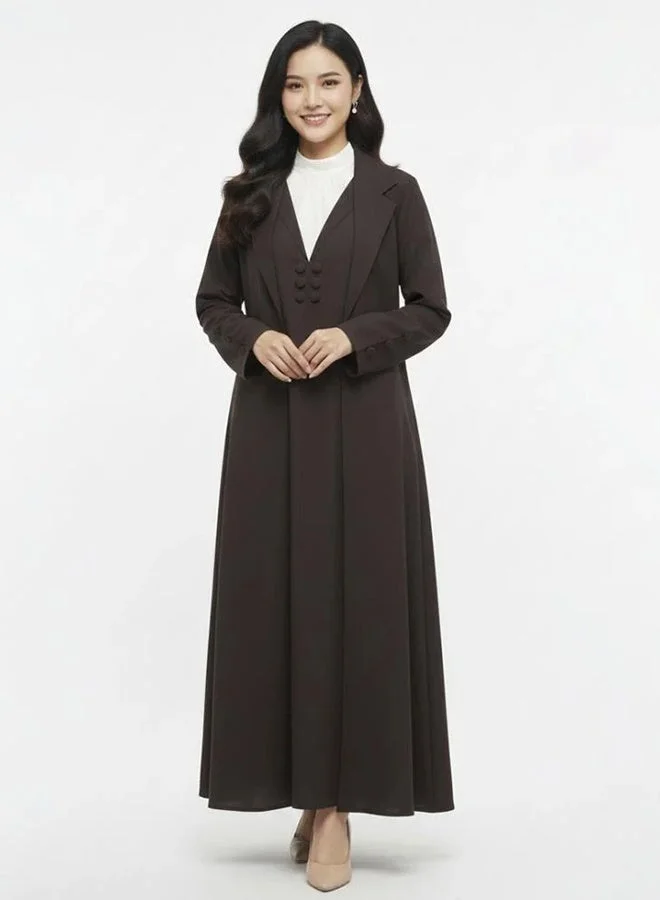 عبايات لمحة عباية عملية بقصة بليزر مع فستان منفصل مزينة بأزرار بلون البني