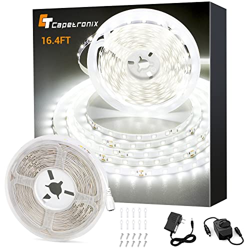 CT CAPETRONIX شريط إضاءة LED أبيض CT CAPETRONIX، 16.4 قدم، شريط إضاءة LED بجهد 24 فولت أبيض، 6000K-6500K، إضاءة LED فائقة السطوع للغرفة، المطبخ، الخزانة، الخزانة، المرآة، الداخلية (مع جهاز التحكم في السطوع) - Image 1