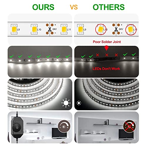 CT CAPETRONIX شريط إضاءة LED أبيض CT CAPETRONIX، 16.4 قدم، شريط إضاءة LED بجهد 24 فولت أبيض، 6000K-6500K، إضاءة LED فائقة السطوع للغرفة، المطبخ، الخزانة، الخزانة، المرآة، الداخلية (مع جهاز التحكم في السطوع) - Image 2