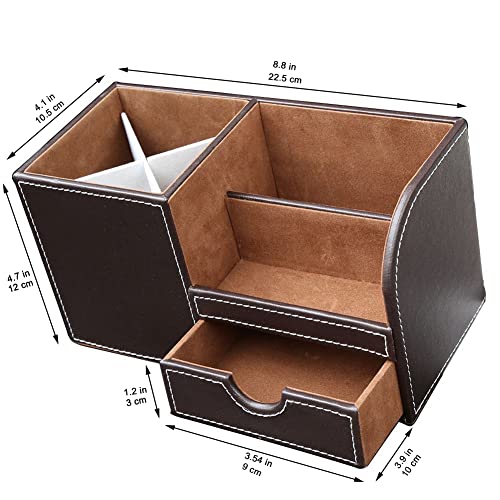 KINGFOM Desk Organizer Office Supplies Caddy Pu Leather Multi-function Storage Box Pen/Pencil,Cell phone, Business Name Cards Remote Control Holder with Small Drawer Brown - Image 3