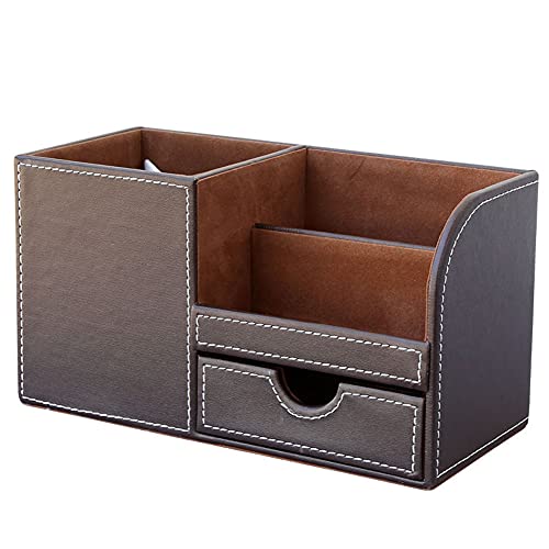 KINGFOM Desk Organizer Office Supplies Caddy Pu Leather Multi-function Storage Box Pen/Pencil,Cell phone, Business Name Cards Remote Control Holder with Small Drawer Brown - Image 2