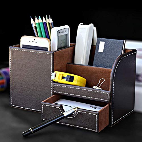 KINGFOM Desk Organizer Office Supplies Caddy Pu Leather Multi-function Storage Box Pen/Pencil,Cell phone, Business Name Cards Remote Control Holder with Small Drawer Brown - Image 5