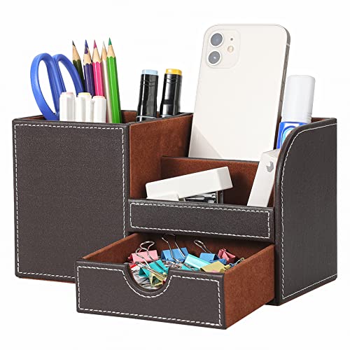 KINGFOM Desk Organizer Office Supplies Caddy Pu Leather Multi-function Storage Box Pen/Pencil,Cell phone, Business Name Cards Remote Control Holder with Small Drawer Brown - Image 1