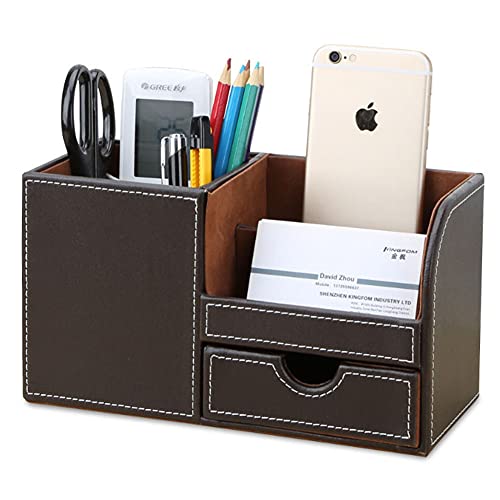 KINGFOM Desk Organizer Office Supplies Caddy Pu Leather Multi-function Storage Box Pen/Pencil,Cell phone, Business Name Cards Remote Control Holder with Small Drawer Brown - Image 4
