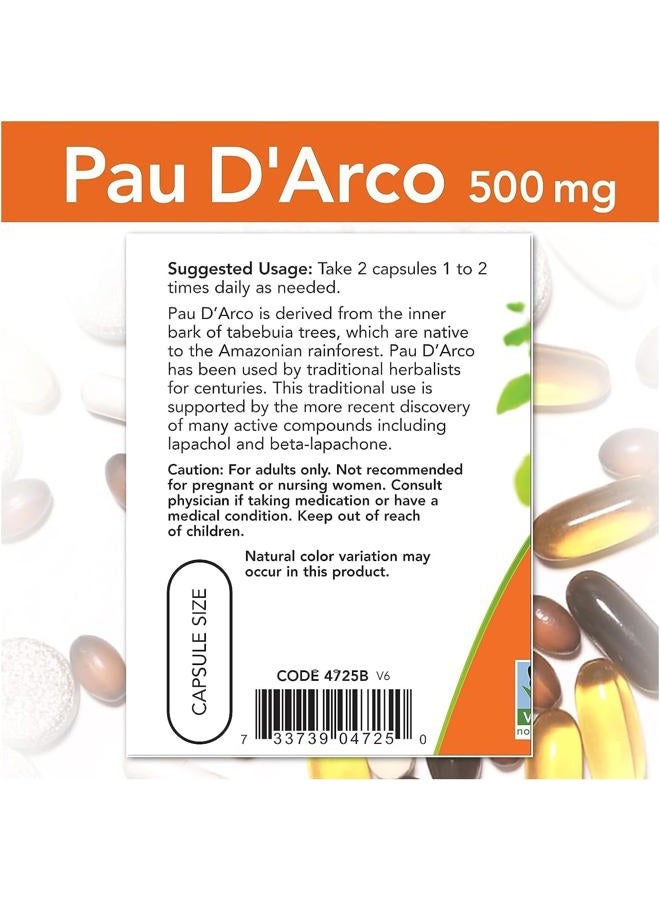 now Pau D' Arco 500 mg 100 Capsules Foods - Image 3