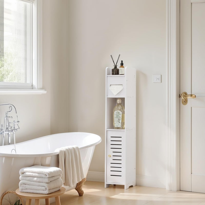 VECELO Storage Cabinet for Small Spaces,Skinny Toilet Paper Holder Stand with Anti-Drop Fence and Roller Storage, White - Image 4