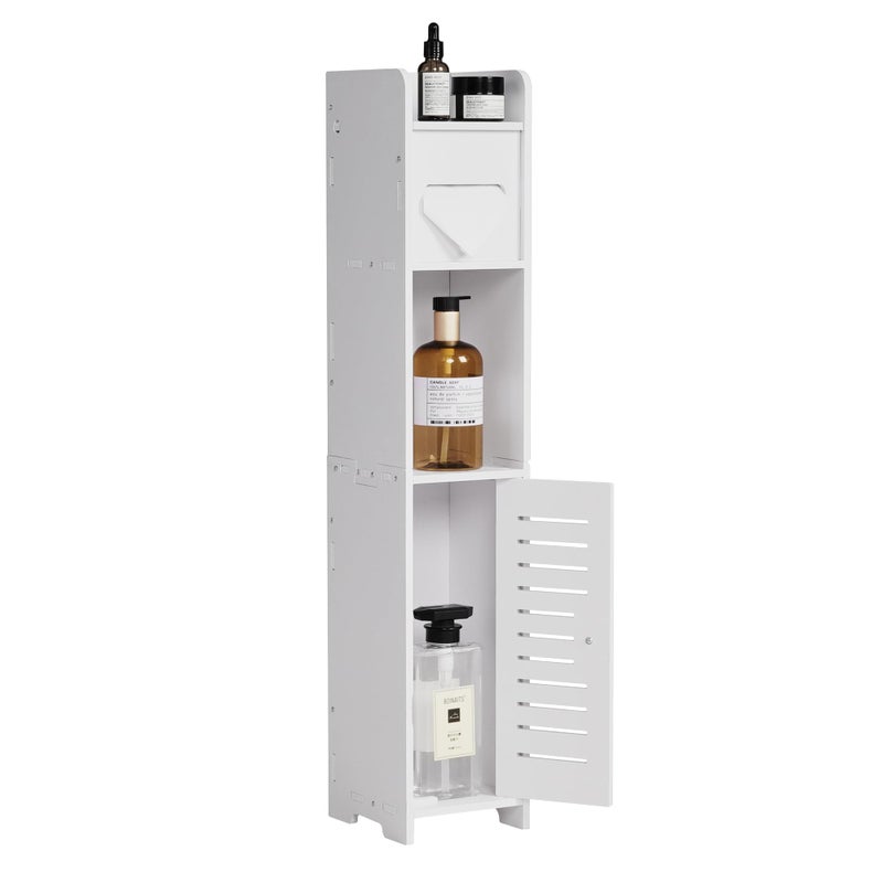 VECELO Storage Cabinet for Small Spaces,Skinny Toilet Paper Holder Stand with Anti-Drop Fence and Roller Storage, White - Image 1