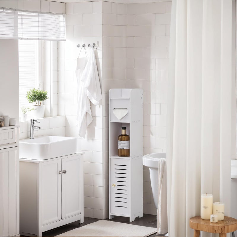 VECELO Storage Cabinet for Small Spaces,Skinny Toilet Paper Holder Stand with Anti-Drop Fence and Roller Storage, White - Image 3