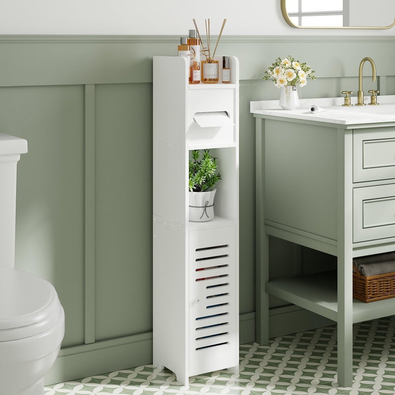 VECELO Storage Cabinet for Small Spaces,Skinny Toilet Paper Holder Stand with Anti-Drop Fence and Roller Storage, White - Image 2