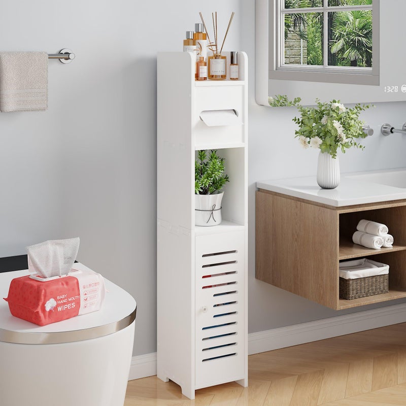 VECELO Storage Cabinet for Small Spaces,Skinny Toilet Paper Holder Stand with Anti-Drop Fence and Roller Storage, White - Image 5