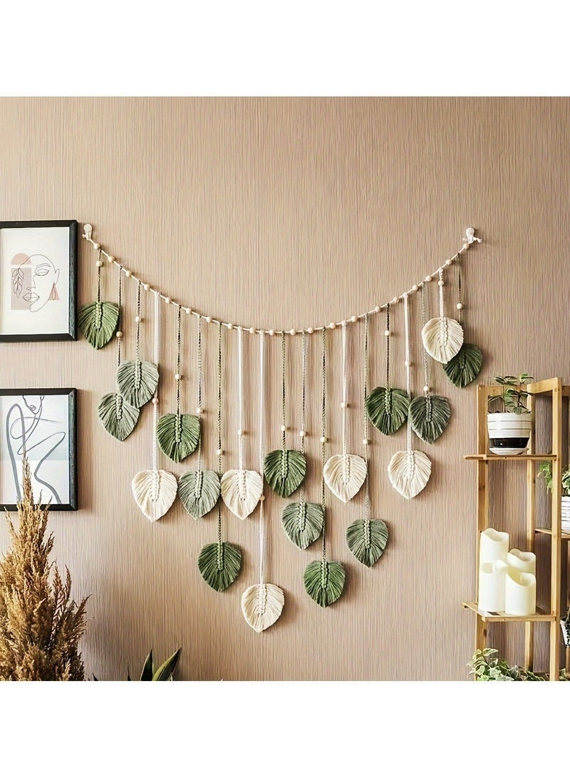 Ayshal Handmade Macramé Wall Hanging, 120x75cm Boho Leaf Wall Decor, Natural Cotton Woven Tapestry Drill-Free Easy Install, Green & Beige Home Decor for Living Room Bedroom Nursery - Image 4