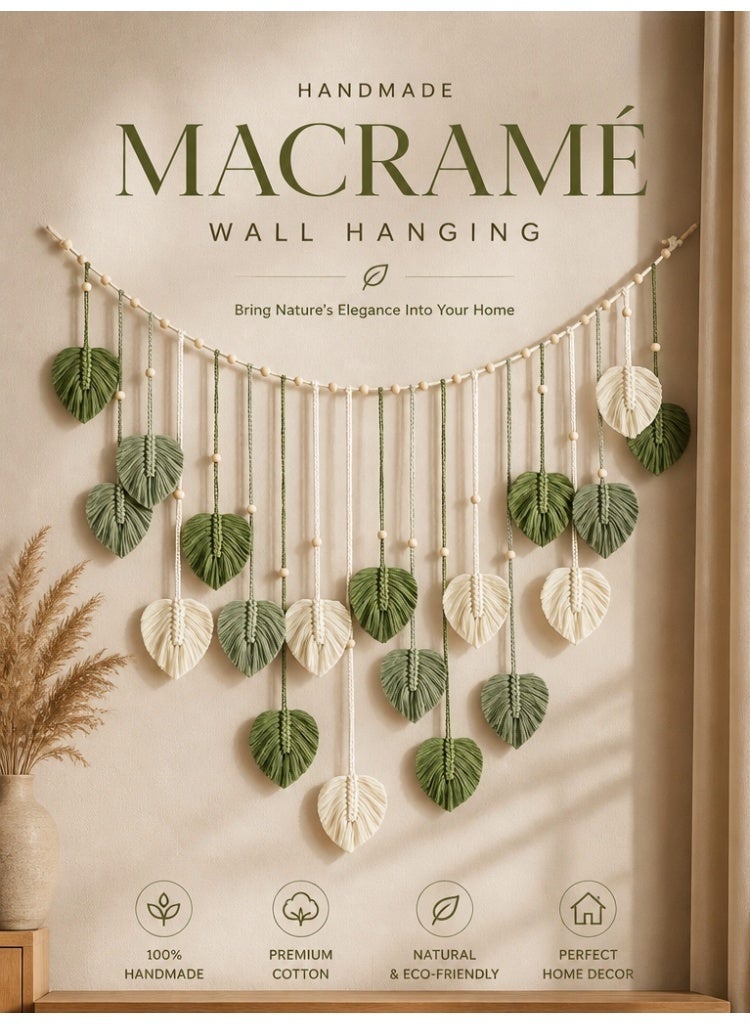 Ayshal Handmade Macramé Wall Hanging, 120x75cm Boho Leaf Wall Decor, Natural Cotton Woven Tapestry Drill-Free Easy Install, Green & Beige Home Decor for Living Room Bedroom Nursery - Image 1