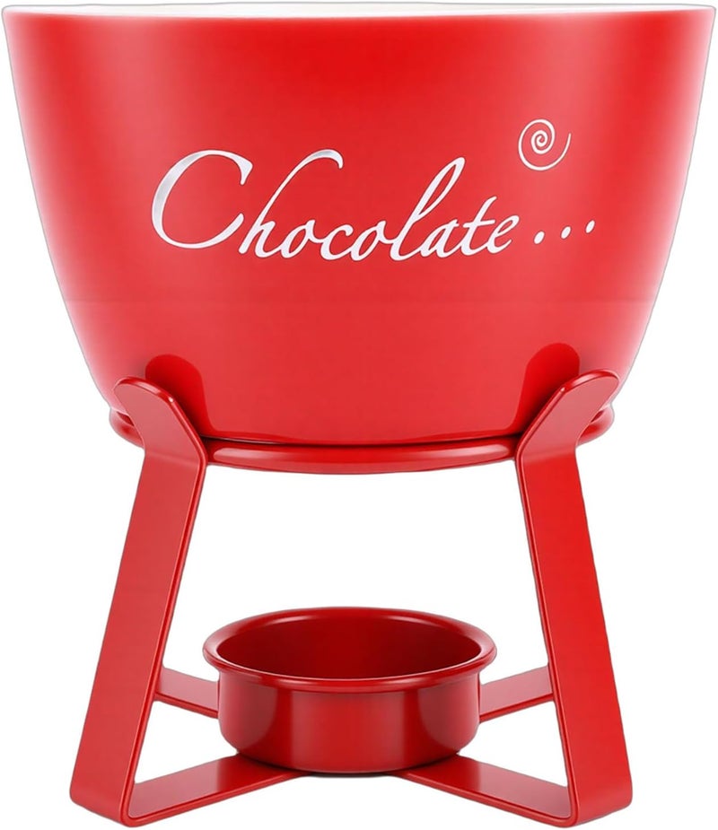 Global assorted color picks Ceramic Chocolate Fondue Mug, Portable Melting Cup with Stable Metal Stand, Tea Light Candle Warmer Mug with Fork, Ideal for Cheese, Caramel & Dessert Dips (Red) Multi-purpose fine material - Image 3