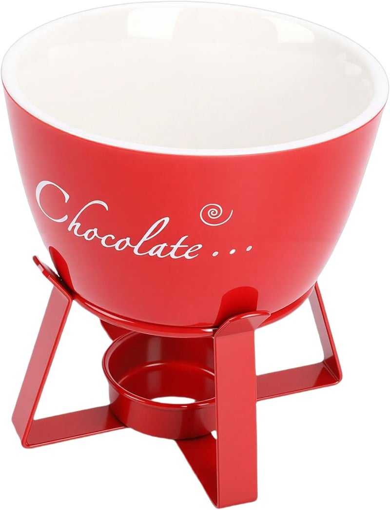 Global assorted color picks Ceramic Chocolate Fondue Mug, Portable Melting Cup with Stable Metal Stand, Tea Light Candle Warmer Mug with Fork, Ideal for Cheese, Caramel & Dessert Dips (Red) Multi-purpose fine material - Image 1