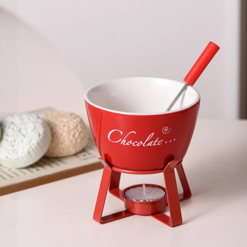Global assorted color picks Ceramic Chocolate Fondue Mug, Portable Melting Cup with Stable Metal Stand, Tea Light Candle Warmer Mug with Fork, Ideal for Cheese, Caramel & Dessert Dips (Red) Multi-purpose fine material - Image 4