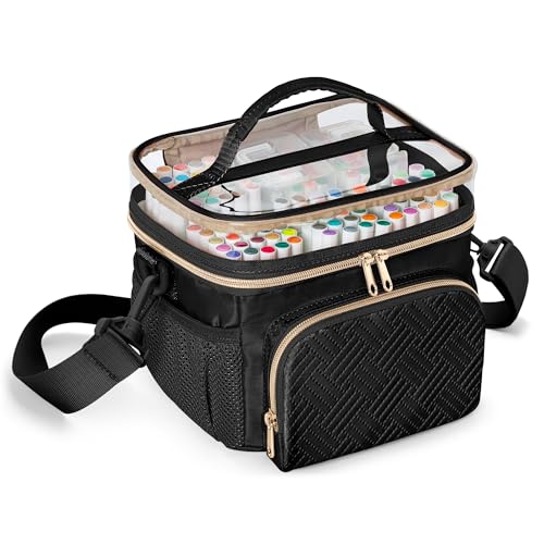 Rexmica Marker Organizer Case for 100 Markers Marker Storage Organizer Bag with Divider and Shoulder Strap Marker Travel Carrying Case with 3 Pockets Black Patented Design