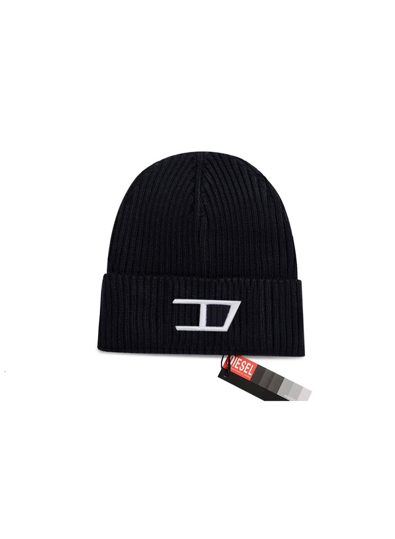 Diesel Black Ribbed Knit Beanie (White Embroidered Logo)