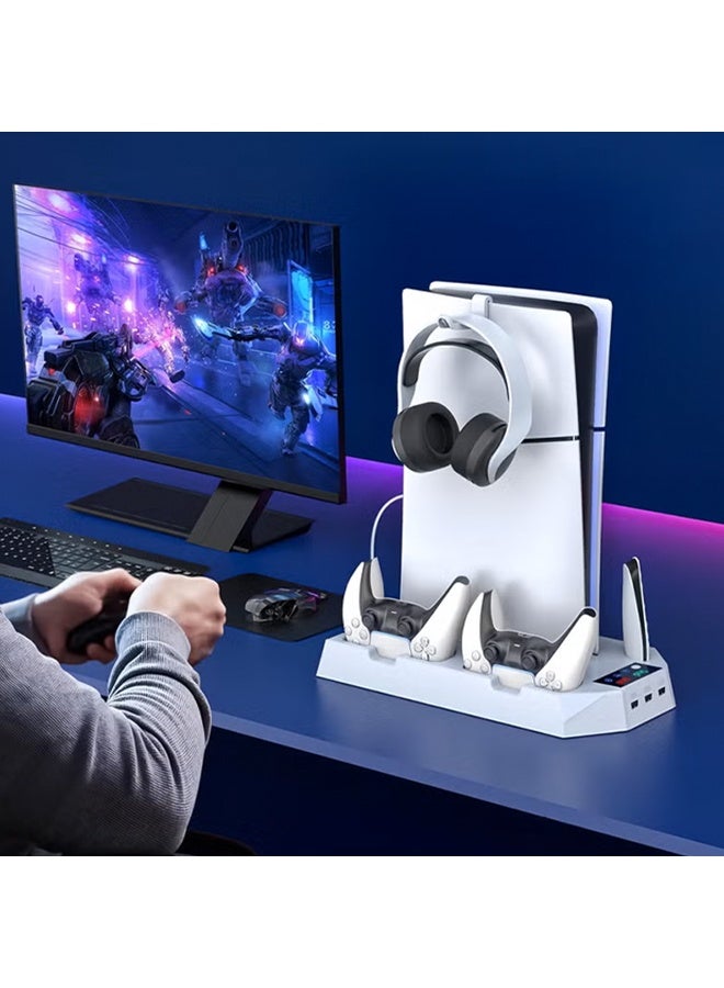 PS5 Stand with Silent Cooling Fan, Dual Controller Charging Dock & Headset Holder, All-in-One Vertical Stand, Fast Charging Station, PS5 Accessories for PS5 Digital and Disc Edition Console - Image 1
