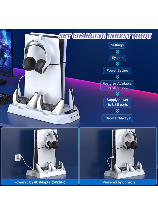 PS5 Stand with Silent Cooling Fan, Dual Controller Charging Dock & Headset Holder, All-in-One Vertical Stand, Fast Charging Station, PS5 Accessories for PS5 Digital and Disc Edition Console - Image 3