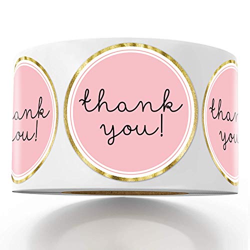 Mr.Mug Chic Gold Thank You Labels, Round Pink Stickers, 1.4 Inch Adhesive Stickers - 500 Pack - Image 1