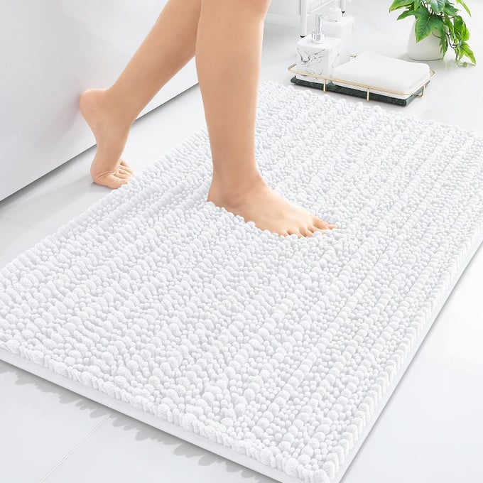LUXURY CHENILLE BATHROOM RUG MAT EXTRA SOFT THICK ABSORBENT SHAGGY BATH RUGS NONSLIP MACHINE WASH DRY PLUSH BATH MATS FOR BATHROOM SHOWER AND TUB 24X16 WHITE