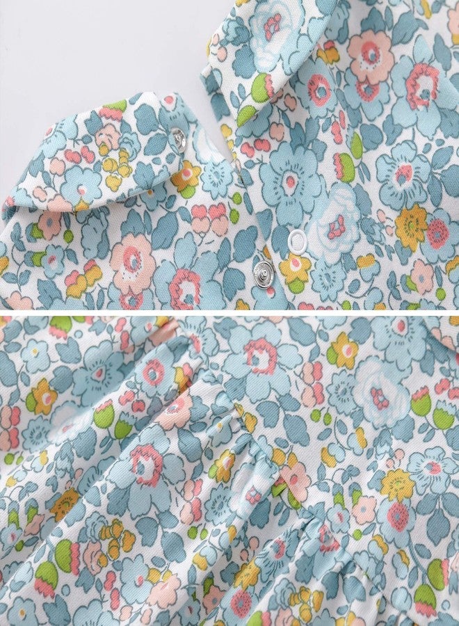 PureBorn فستان بنات بيوربورن مع شورت داخلي - فستان لعب بأكمام طويلة مع غطاء حفاضات 3-6 أشهر مزخرف بالأزهار باللون الأزرق - Image 4