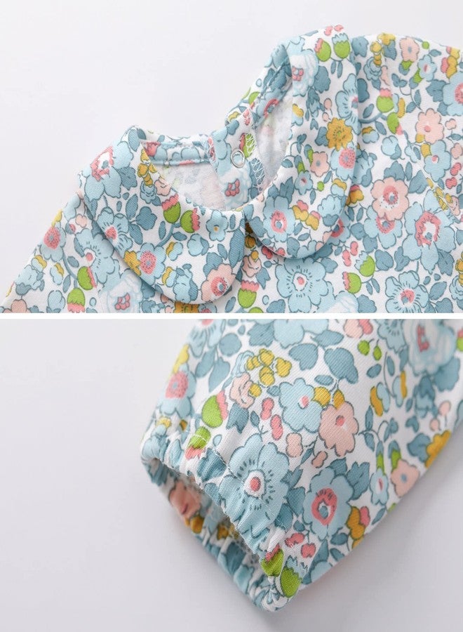 PureBorn فستان بنات بيوربورن مع شورت داخلي - فستان لعب بأكمام طويلة مع غطاء حفاضات 3-6 أشهر مزخرف بالأزهار باللون الأزرق - Image 3