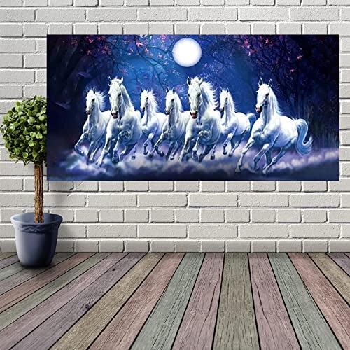 wallpics Seven horses Vastu Painting for Home and Wall Decor | Running Horses Painting Vaastu |Horse Vinyl Sticker Poster (Sunset Blue, 50 Cm X 100 Cm), Multicolor - Image 1