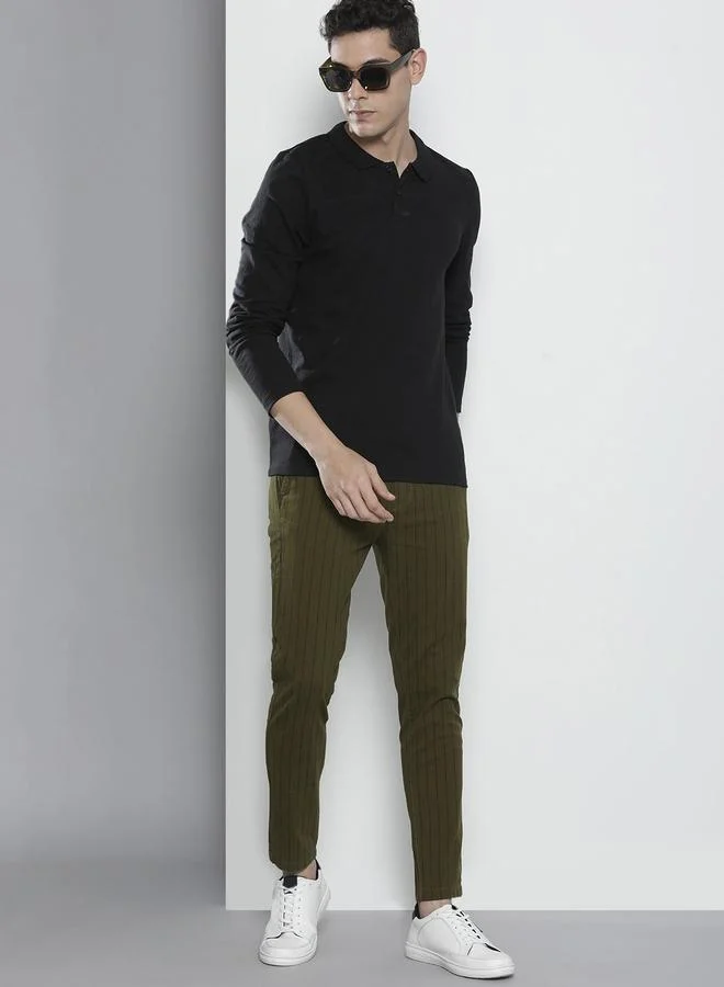 The Indian Garage Co Olive Men Olive Green Slim Fit Striped Chinos for Men | Best Price UAE
