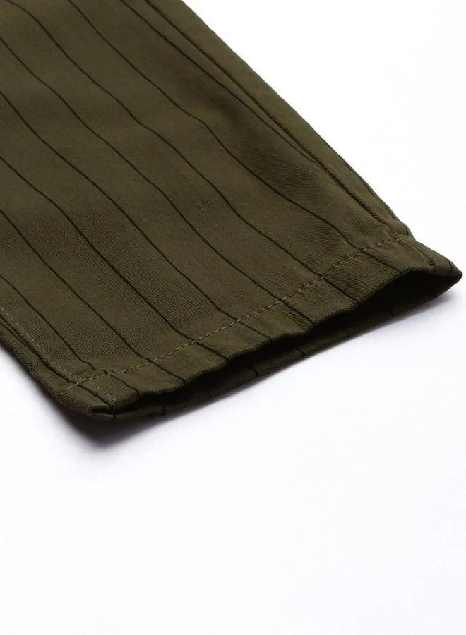 The Indian Garage Co Olive Men Olive Green Slim Fit Striped Chinos for Men | Best Price UAE