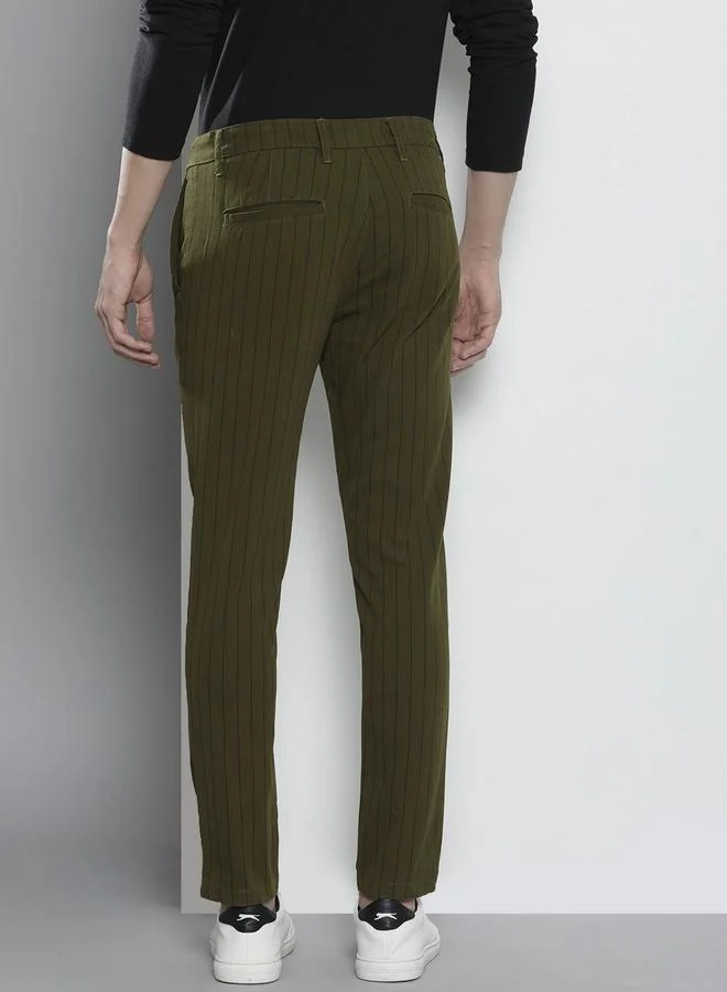 The Indian Garage Co Olive Men Olive Green Slim Fit Striped Chinos for Men | Best Price UAE