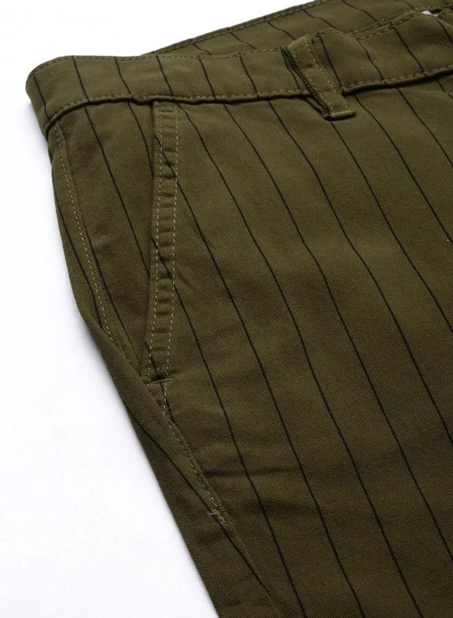 The Indian Garage Co Olive Men Olive Green Slim Fit Striped Chinos for Men | Best Price UAE