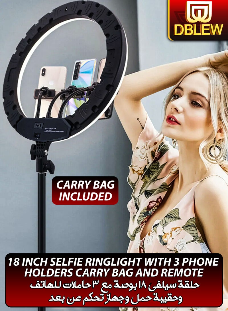 DBLEW 18 inch Dimmable Circle LED Studio Selfie Ring Light With 90Inch Tripod Stand Remote And 3 Mobile Phone Holders For Makeup Camera Photography YouTube Video Shoot TikTok Vlog Live Stream With Carry Bag - Image 1